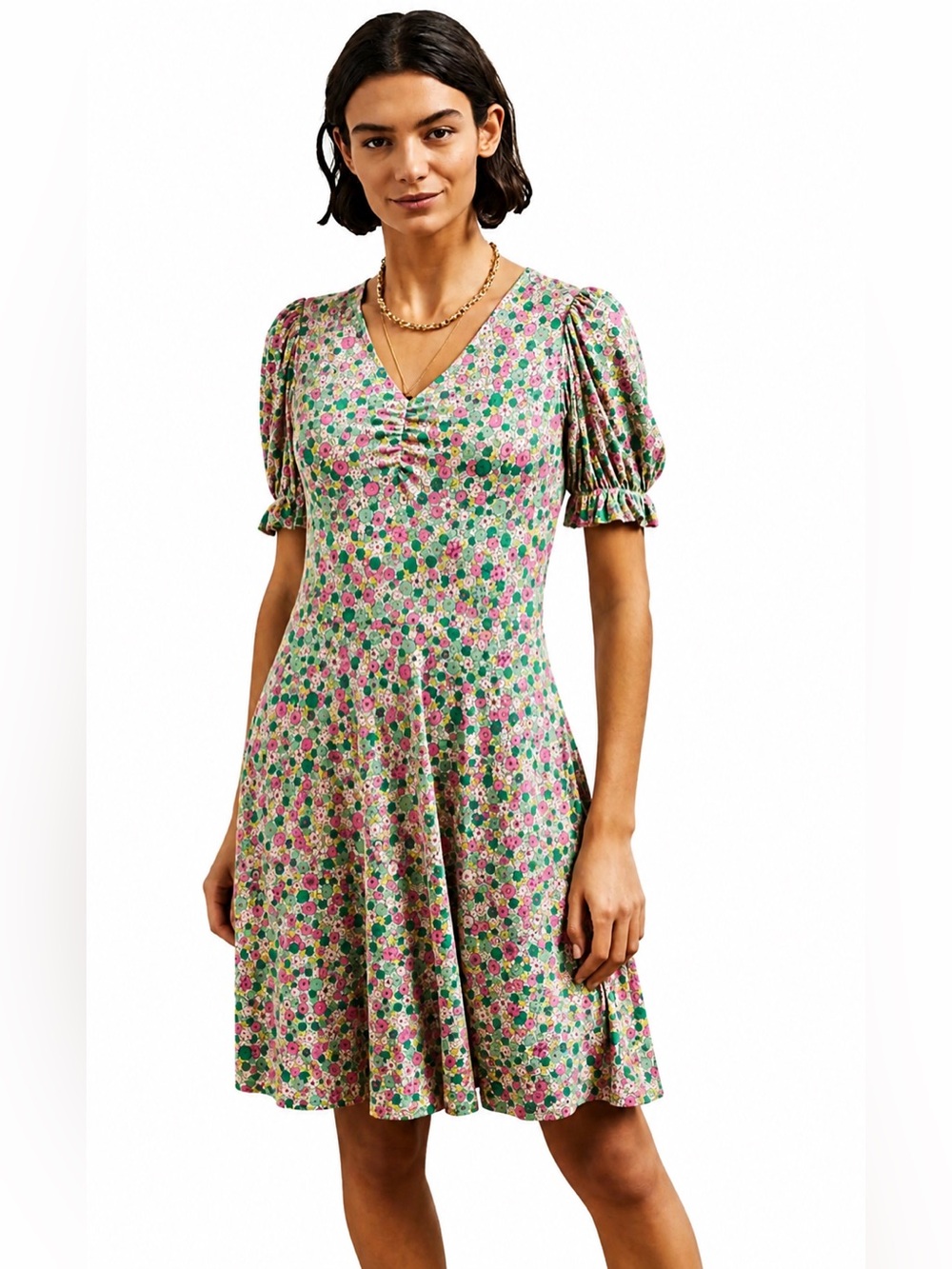Boden Puff Sleeve Jersey Mini Dress Floral Pink Green Women’s 10 NWOT